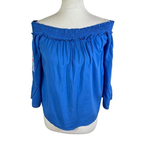 Lilly Pulitzer Moira Off The Shoulder Blue Rayon Embroidered Top Size A - Picture 4 of 9